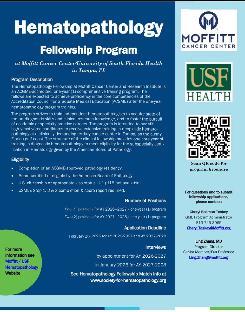 Moffitt is a great place to be trained for your hematopathology fellowship. Fellows have diverse case exposure and experience with a rich menu of in-house molecular assays. The faculties are genuinely interested in making your training an enjoyable experience. Pls check below 👇