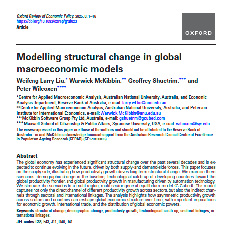 CAMacroAnalysis's tweet image. 🎉 Congrats! CAMA’s new paper, &apos;Modelling structural change in global macroeconomic models&apos; (by W Liu, W McKibbin, @GShuetrim &amp;amp; P Wilcoxen) is published in the Oxford Review of Economic Policy.

🔗 bit.ly/46Edbhw

@ANUCrawford @int_mon_econ @PIIE