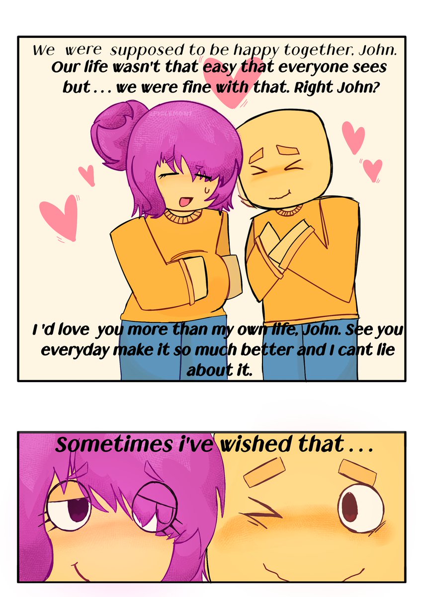 EPICLEMON7's tweet image. Hi, sorry for this short hc angst I am not feeling really good at the moment, I will update soon if I can with more hc about survivors and killers. Btw they are divorsed in my hc but in a good way. Bye.
#forsaken #JohnDoe #JaneDoeRoblox