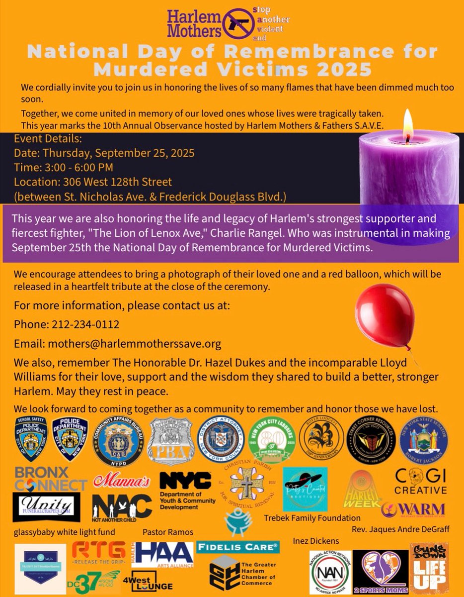 Join us for our 10th annual observance of The National Day of Remembrance for Murdered Victims. We remember and honor our loved ones by calling out their names and releasing a red balloon at the end of the observance.