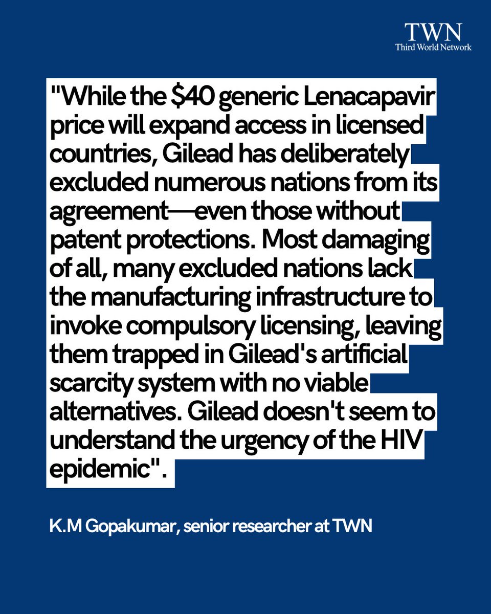 💥 BREAKING: Generic Lenacapavir drops to $40/yr for 120 countries, but activists slam Gilead for blocking access in dozens of other countries where HIV is rising.  

See TWN's press release▶️ twn.my/title2/health.…