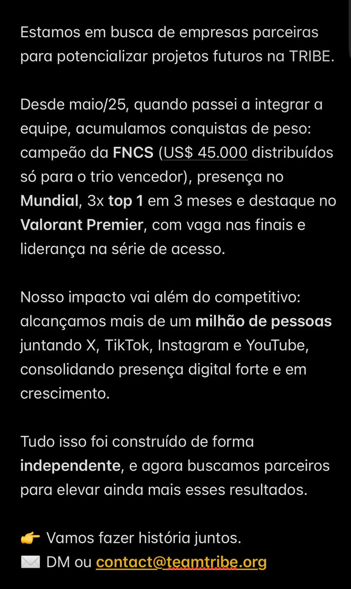 EM BUSCA DE PARCEIROS!

✉️ contact@teamtribe.org