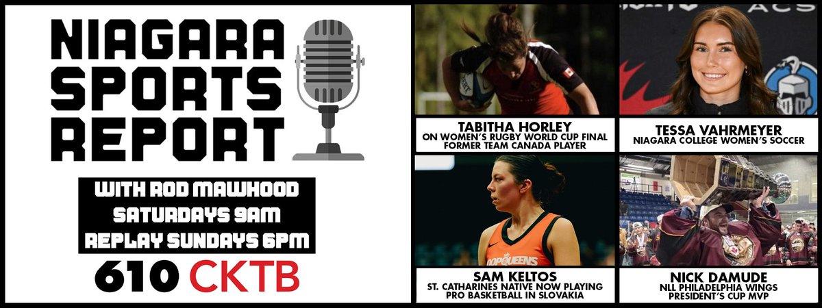From the rugby &amp; soccer pitch, to the basketball &amp; lacrosse floors - we'll hit em' all this week on the #NiagaraSportsReport
Tabi Horley - former <a href="/RugbyCanada/">Rugby Canada</a> 
Nick Damude - <a href="/NLLwings/">Philadelphia Wings</a>/<a href="/MuskiesLacrosse/">S.I. Muskies</a>
Sam Keltos - now playing pro 🏀 in Slovakia
&amp; Tessa Vahrmeyer <a href="/NC_Knights/">Niagara College Knights</a> ⚽