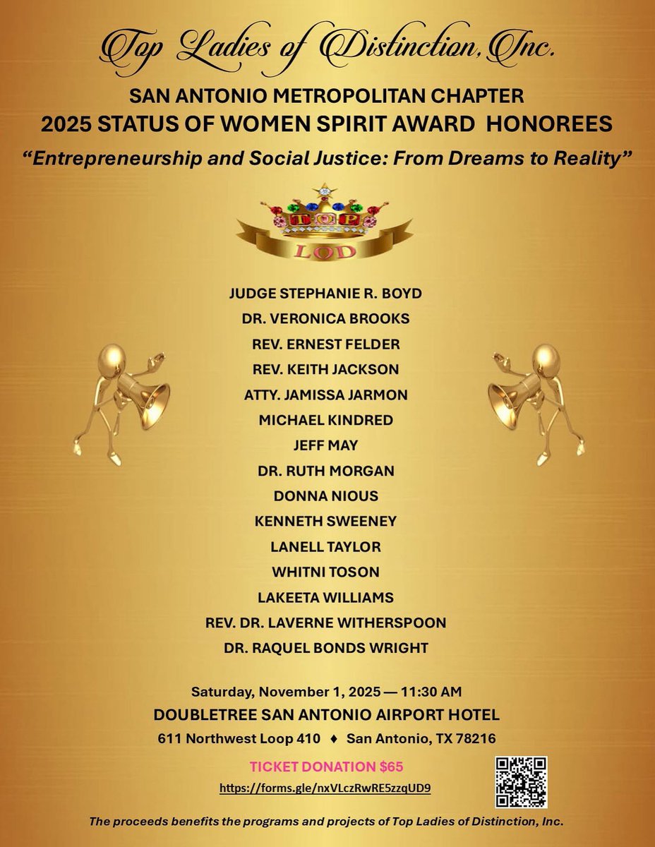 🌟 Honored &amp; grateful to be named a 2025 Status of Women Spirit Award Honoree by the Top Ladies of Distinction – SAChapter! 🙏🏾

This recognition fuels my commitment to preserving history, building community, and advancing social justice.
#TopLadiesOfDistinction #SAAACAM