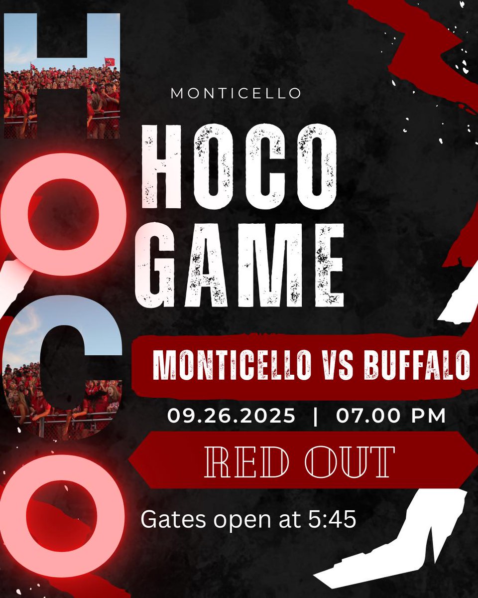 Friday’s Homecoming game is a RED OUT!

We can’t wait to see you there!

Spread the word!

#MontiMagic