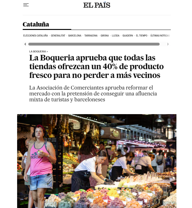 Van convertir el mercat en parc d'atraccions, van fer-ne fora el veïnat. Ara volen recuperar-lo amb quotes de producte fresc?
No funcionarà
<a href="/la_boqueria/">La Boqueria</a> només es recuperaria recuperant el mercat, reduïnt-ne l'explotació turística: #DecreixementTurístic JA!
elpais.com/espana/catalun…