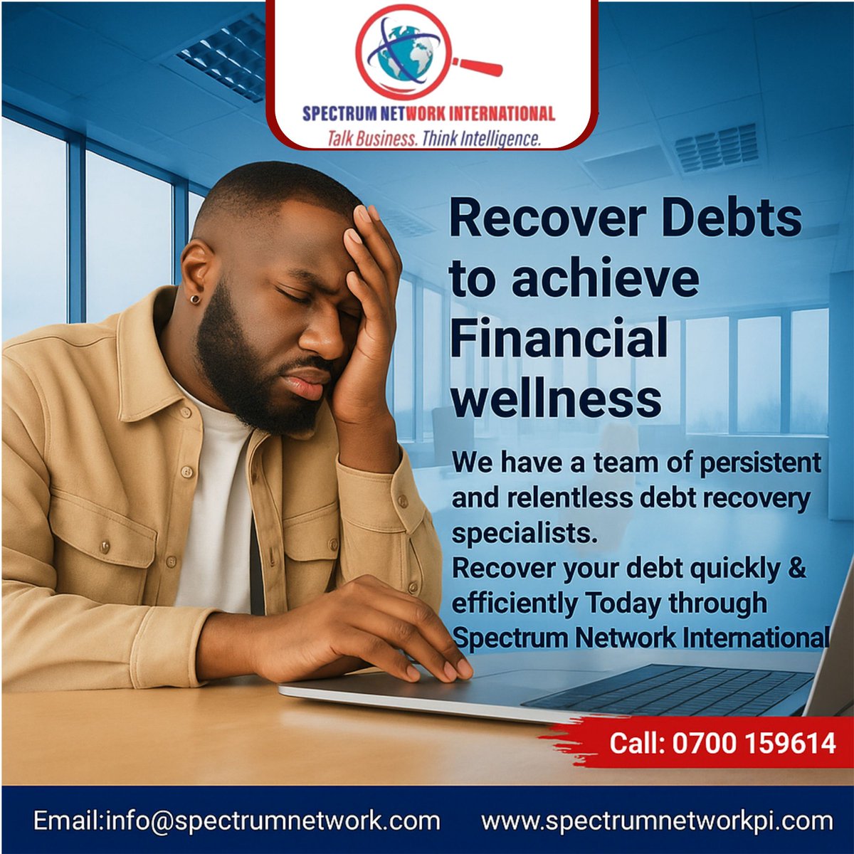 SpectrumNetwor4's tweet image. 📷 Don’t let unpaid debts hold you back!
At Spectrum Network International, we help you recover debts quickly, persistently, and efficiently so you can achieve true financial wellness.                            #DebtRecovery #FinancialWellness #SpectrumNetwork #RecoverYourMoney