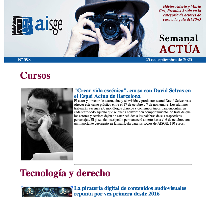 Los jueves son el día del #SemanalActúa, un boletín en el que recopilamos toda nuestra actividad en AISGE y la #FundaciónAISGE. Asómate y lo sabrás todo sobre los #PremiosActúa, estrenos, columnas, libros, cursos, el #OUFF o el enorme Álex Villazán❤️⬇️

aisge.es/boletines/bole…