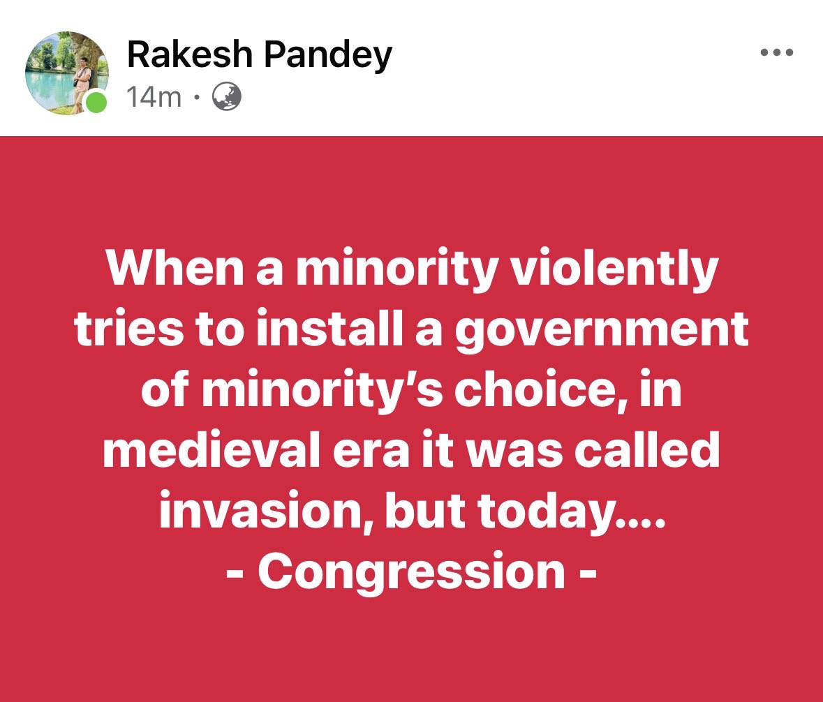 rakesh__pandey's tweet image. When a minority violently tries to install a government of minority’s choice, in medieval era it was called invasion, but today…. 
- Congression - ⁦@RahulGandhi⁩ ⁦@SupriyaShrinate⁩ ⁦@ARanganathan72⁩ ⁦@ajeetbharti⁩ #StopViolenceInLeh