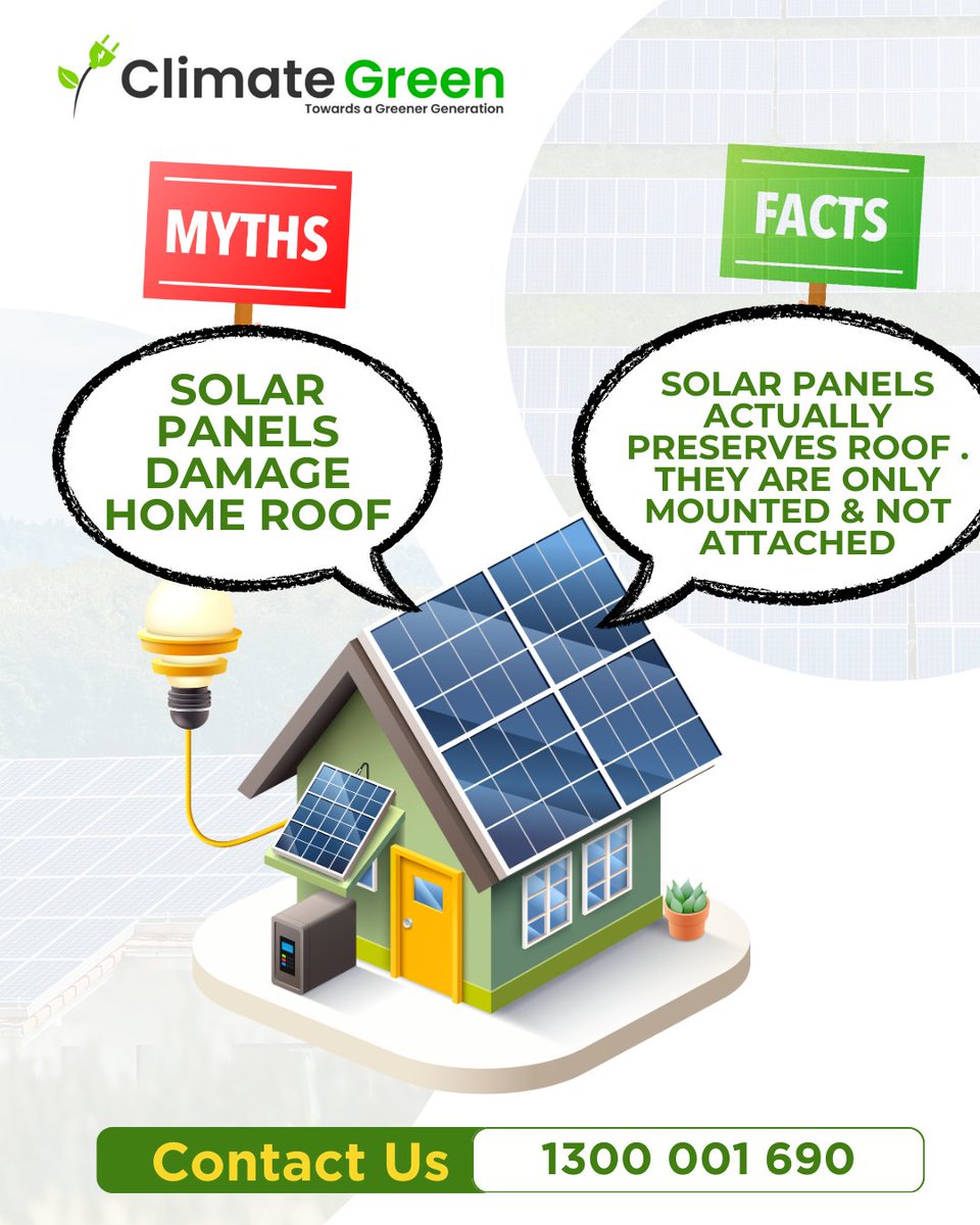 Climategreenegy's tweet image. Myth: Solar panels will ruin your roof.
Fact: Solar panels are safely mounted, not attached – in fact, they help shield and preserve your roof!
climategreen.com.au/contact-us-cli…
📞 1300 001 690
📧 info@climategreen.com.au
#ClimateGreen #SolarMadeSimple #MelbourneSolar #GreenEnergy