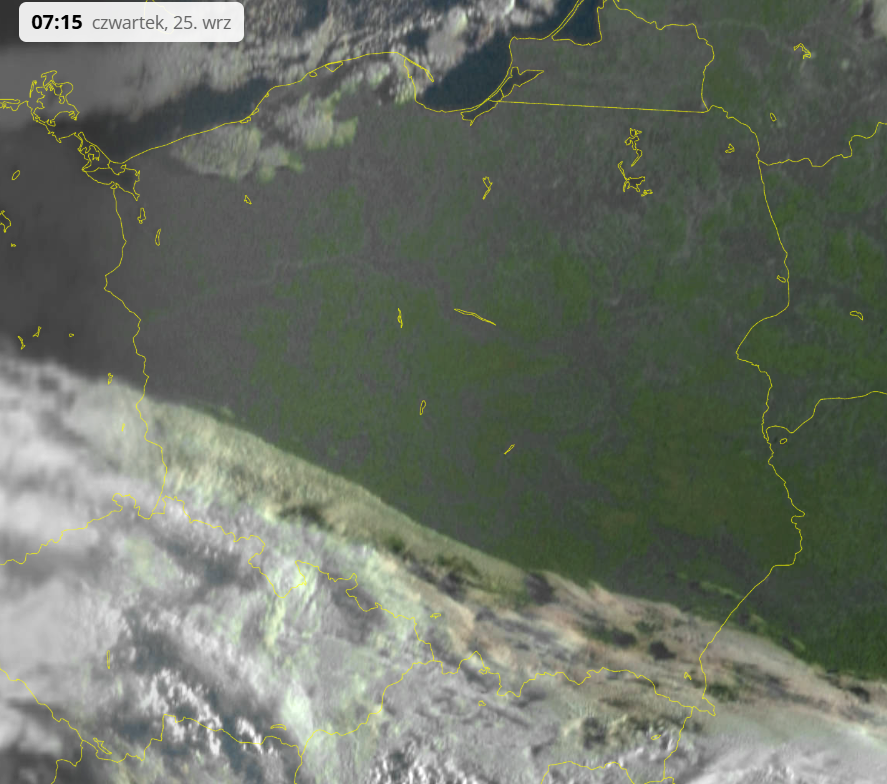 Takie rozlokowanie zachmurzenia o poranku (25.09). Co ciekawe, zarówno dziś jak i jutro a nawet w sobotę sytuacja zmieni się jedynie marginalnie na Podkarpaciu, gdzie się bodajże w sobotę powinno rozpogodzić. Poza tym ogólnie "lampa" z nieba, ale południe i południowy zachód w
