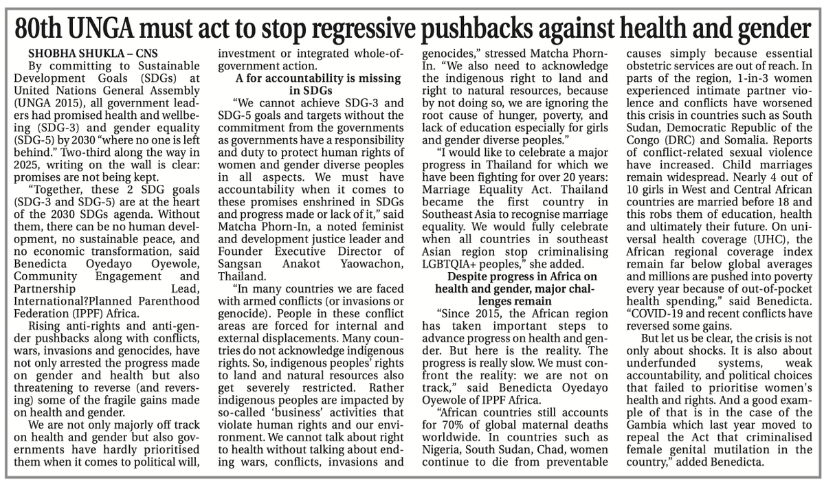 cns_health's tweet image. #PublishedToday
Ahead of #ICFP2025 @The_ICFP, read insights from Benedicta of @IPPF & @Matcha_Phornin of @SangsanAnakot & others why #UNGA world leaders must deliver on #SDG3 & #SDG5
🌐 Central Chronicle
centralchronicle.com/epaper/archive…
🌐 C N S
citizen-news.org/2025/09/80th-u…
@WomenDeliver
