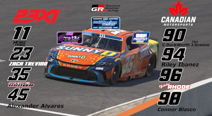 New Season
New Account
New Drivers

Official Account following Canadian Motorsports and 23xi in the <a href="/Official_UIS/">Universal iRacing Series</a>

We will keep up with Points, finishes, Team accomplishments, scheme releases  and more!

s6 r0 (clash) At North Wilkesboro up first.