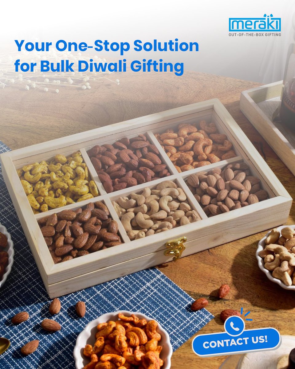 Meraki_Merch's tweet photo. Celebrate this Diwali with healthy &amp; premium gifting options
Our Bulk Diwali Gifting solutions are perfect for corporates &amp; loved ones alike

📦 Customizable hampers
🥜 Premium quality dry fruits
🎨 Elegant packaging

#merakimerchandising #MerakiGifting #DiwaliHampers #Diwali2025 https://t.co/8liZ12lXqq