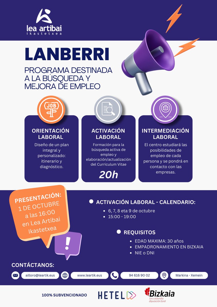 𝐆𝐀𝐙𝐓𝐄❗️ Lana bilatu edo hobetu nahi baduzu, eman izena 3R GAZTEA 𝐋𝐚𝐧 𝐁𝐞𝐫𝐫𝐢 2025 Programan, <a href="/HETELFP/">HETEL FP</a> n eskutik eta <a href="/Bizkaia/">Bizkaiko Foru Aldundia/Diputación Foral de Bizkaia</a> k antolatutako ekimena.
Eman izena/inscríbete: forms.office.com/e/F9yEdHd96d?o…