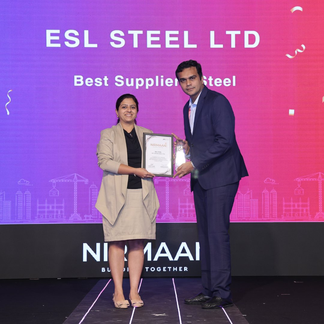 ESLSteelLimited's tweet image. Proud moment for #ESLSteelLimited! Honoured with the ‘Best Supplier–Steel’ award at ‘Nirmaan’ by @GodrejProp. This recognition reaffirms our commitment to quality, innovation &amp;amp; nation-building. 

#SteelForGenerations #Vedanta #Jharkhand #TransformingForGood