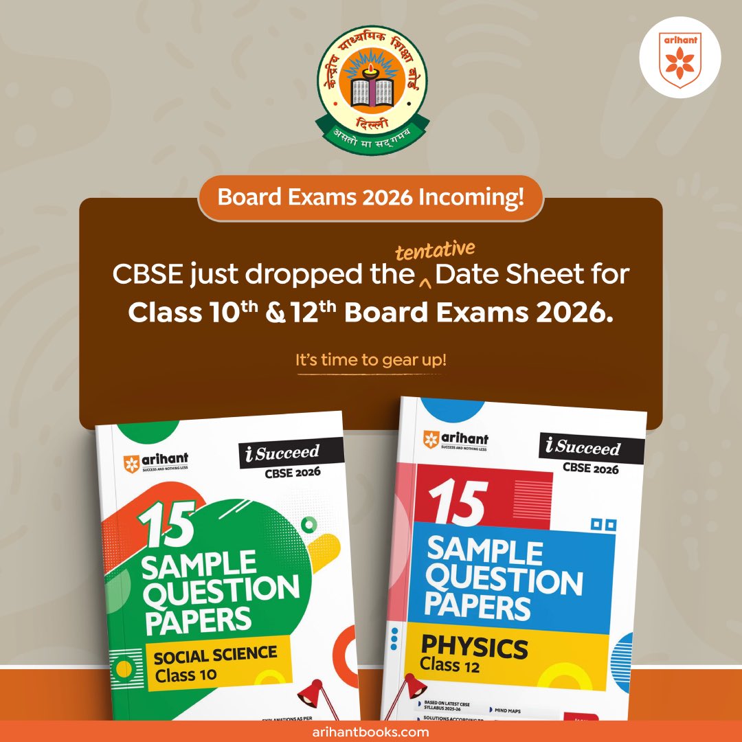 📢 Board Exams 2026 are on the way! 🚀
CBSE has released the tentative date sheet for Class 10th &amp; 12th.
Time to get into prep mode with Arihant iSucceed Sample Question Papers – your ultimate exam companion! 💯📚

#CBSE2026 #BoardExams #iSucceed #ArihantExperts #SamplePapers