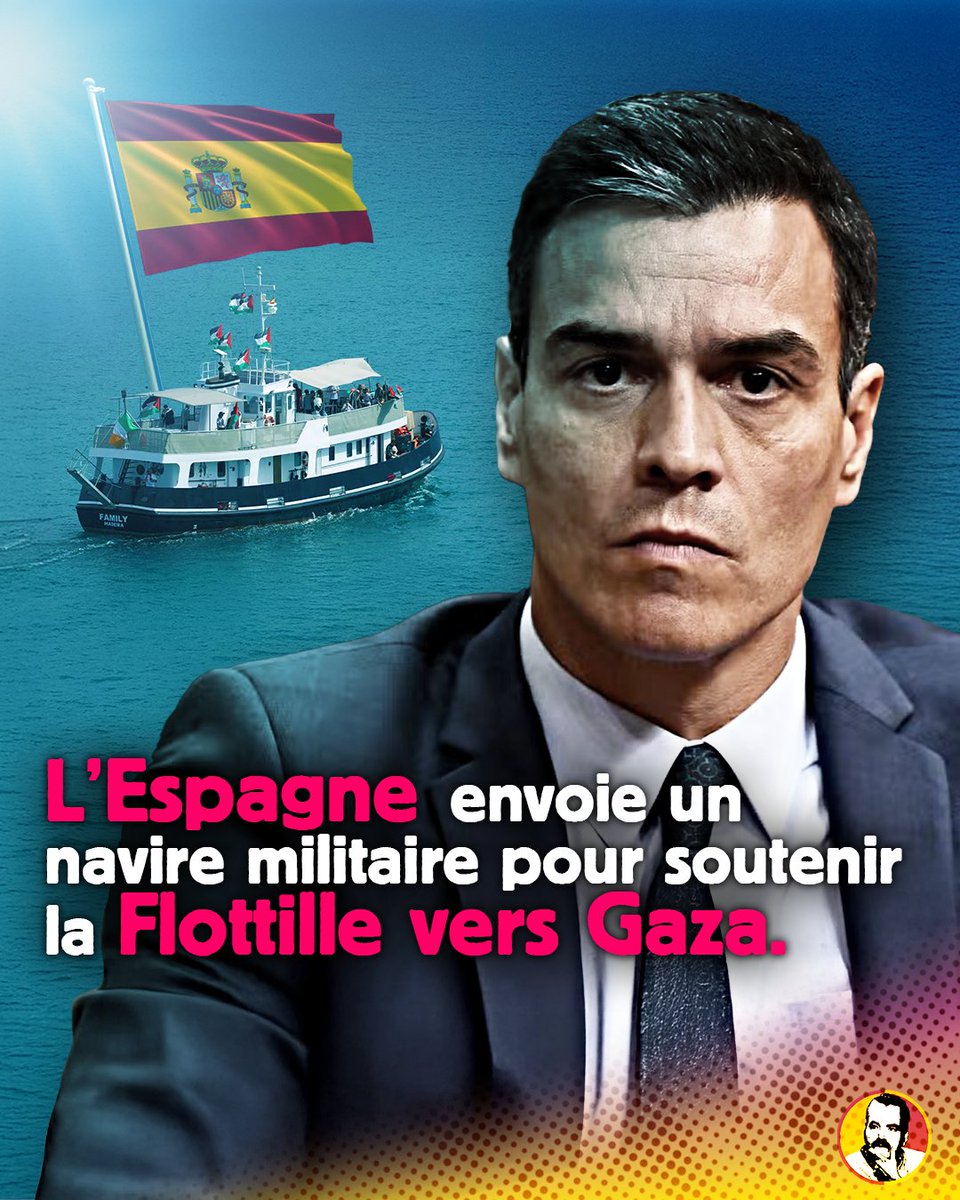 🔴 Après l'Italie, le Président espagnol a annoncé envoyer un navire militaire pour soutenir la Flottille vers Gaza et faire respecter le droit international.

Toujours aucune action de la France, Emmanuel Macron ayant déclaré hier qu'il avait du "respect pour Netanyahou".
