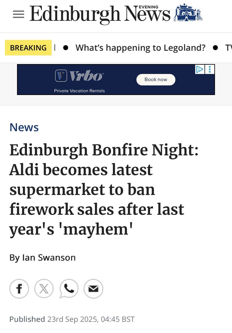Firework Campaign (@fireworkreform) on Twitter photo This decision by <a href="/AldiUK/">Aldi Stores UK</a> in Edinburgh follows a similar one made by <a href="/asda/">Asda</a> earlier in the month. Itās a decision based on evidence that firework related nuisance is on the increase and the serious disorder in Edinburgh last year when fireworks were weaponised. <a href="/DrScottArthurMP/">Dr Scott Arthur MP (Edinburgh South West) ššš¹</a> has This decision by <a href="/AldiUK/">Aldi Stores UK</a> in Edinburgh follows a similar one made by <a href="/asda/">Asda</a> earlier in the month. Itās a decision based on evidence that firework related nuisance is on the increase and the serious disorder in Edinburgh last year when fireworks were weaponised. <a href="/DrScottArthurMP/">Dr Scott Arthur MP (Edinburgh South West) ššš¹</a> has