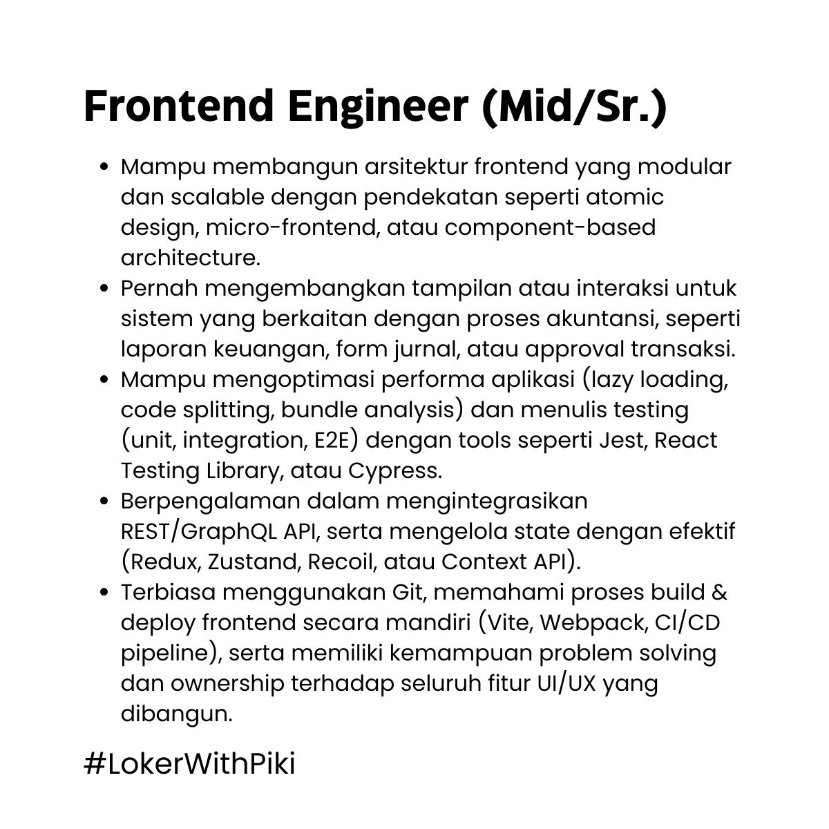 vickyfarhan95's tweet image. #frontendengineer

Level: Open for Mid or Senior

#lokercot #techjobs