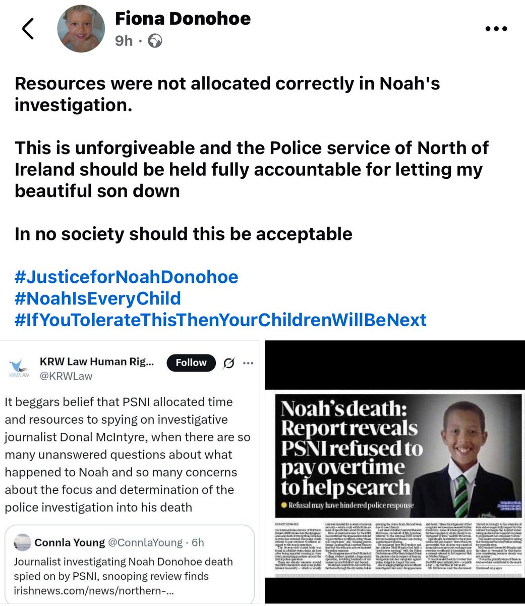 ManusSinead's tweet image. Resources that could have been used in Noah’s search &amp;amp; investigation…
This highlights again the complete incompetence of this farce 

How the PSNI has failed Noah &amp;amp; Fiona

#NotFitForPurpose