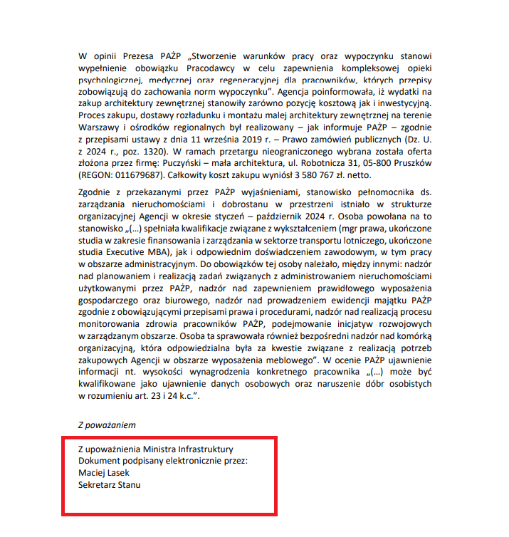4,4 mln zł na meble ogrodowe dla PAŻP.

🔹Maciej Lasek (wiceminister infrastruktury) odpowiada: "(...) zgodnie z zaleceniami EUROCONTROL, wypoczynek na świeżym powietrzu, w świetle dziennym dobrze wpływa na regenerację i zdolności do dalszej realizacji obowiązków".

Leżaczek Plus