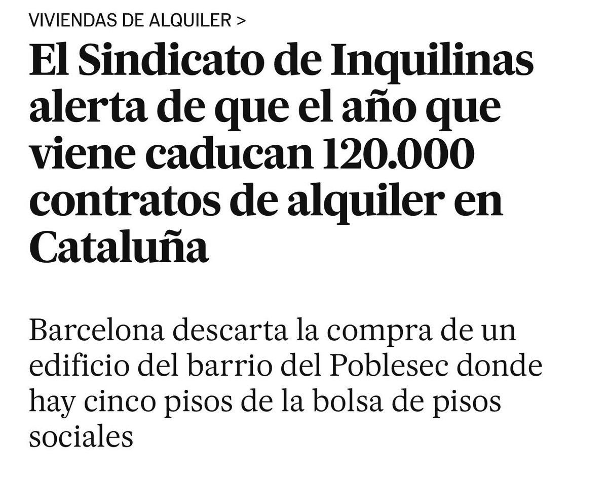 —-
📅 El 2026 caducaran 120.000 contractes de lloguer a Catalunya (32.000 a Barcelona) 

— el Sindicat de Inquilines alerta que molts propietaris podrien no renovar i preferir lloguers temporals. 
——

#Lloguer #Habitatge #DretsInquilins

elpais.com/espana/catalun…