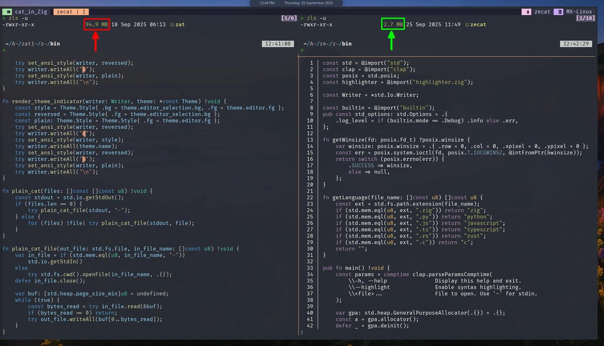 Modified a Cat program written in Zig from <a href="/neurocyte/">CJ van den Berg</a> (Zat).

Minimized dependencies (now only uses clap+regex), added line numbering,  navigation + search on textfiles. Binary size from 94MB --&gt; reduced to 2.7 MB ~ a proper size for a simple cat program.

all in Zig 0.15.1