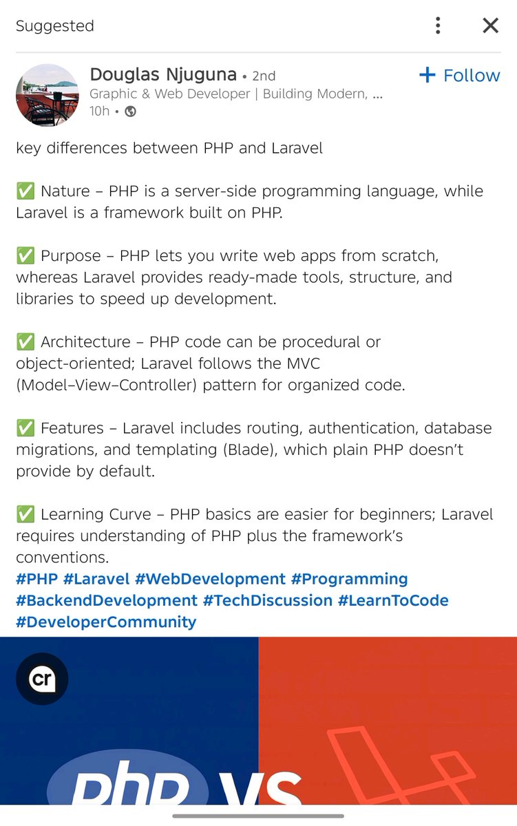 talks_get_real's tweet image. Comparing the PHP language to @laravelphp is like comparing wheat to bread. LinkedIn such a scam yk 🤔