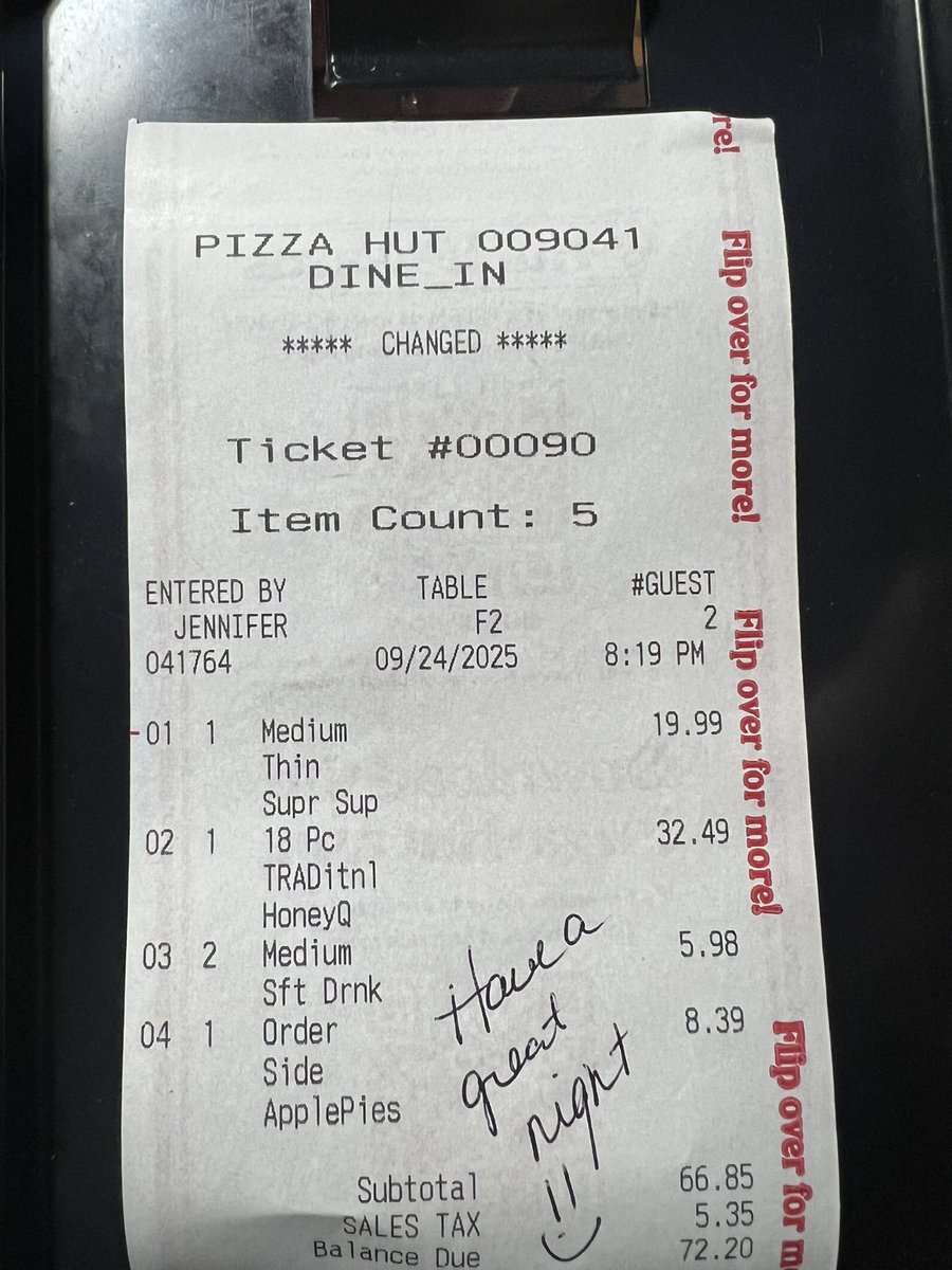 shea15222's tweet photo. Haven’t been inside a #PizzaHut in years. I’ve gotten some take out meal deals + work orders but haven’t “dined in” in yrs. Ask me how I just paid $72.20 for a MEDIUM PIZZA, 18 wings +some apple pie? NOT INCLUDING TIP.  $85 total for @pizzahut  I’m literally sick. Never again. https://t.co/TmF62PQzyW