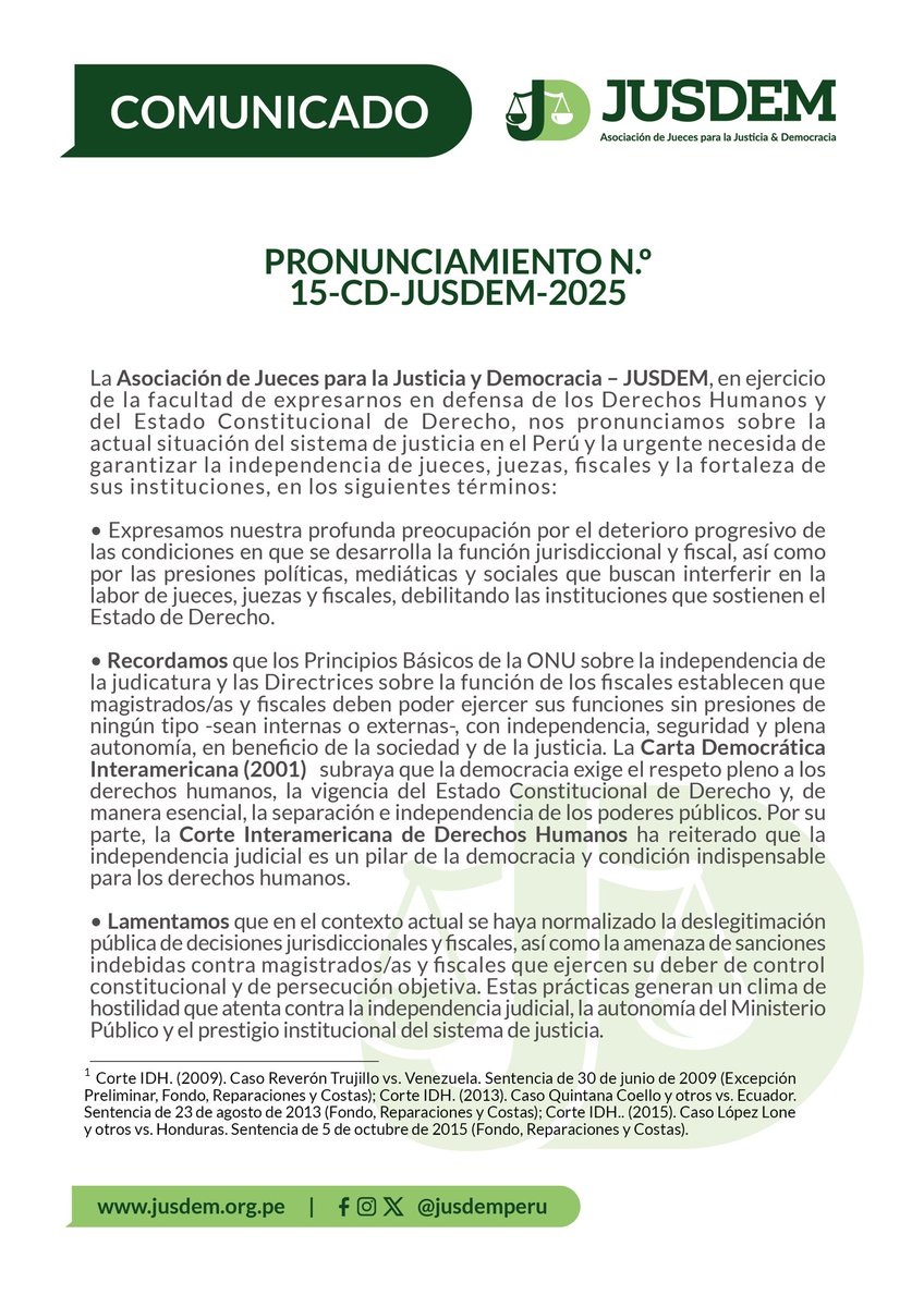 jusdemperu's tweet photo. Desde JUSDEM expresamos nuestra profunda preocupación por el progresivo deterioro de las condiciones en que se desarrolla la labor jurisdiccional y fiscal en el Perú.

#JUSDEM #IndependenciaJudicial https://t.co/16G8cJyCpB