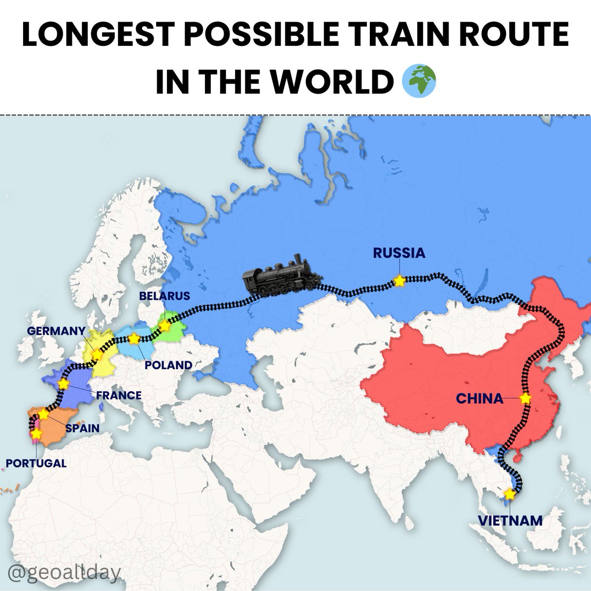 Did you know you can take the world’s longest train journey without ever leaving the tracks? 🚂

It runs from Lagos, Portugal all the way to Hanoi, Vietnam, covering more than 13,000 kilometers across nine countries and two continents. That’s over 8,000 miles of rail, even longer