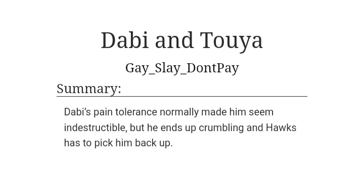 Nobody can get enough of DabiHawks! But how about some hurt/comfort with a dose of softness during pain, walls crumbling down, &amp; hugs? This fic by Gay_Slay_DontPay (AO3) for <a href="/Potatoaren/">Ren</a> might be with a read!

Read Here 🔗
archiveofourown.org/works/68445221

Thanks for donating! 💙