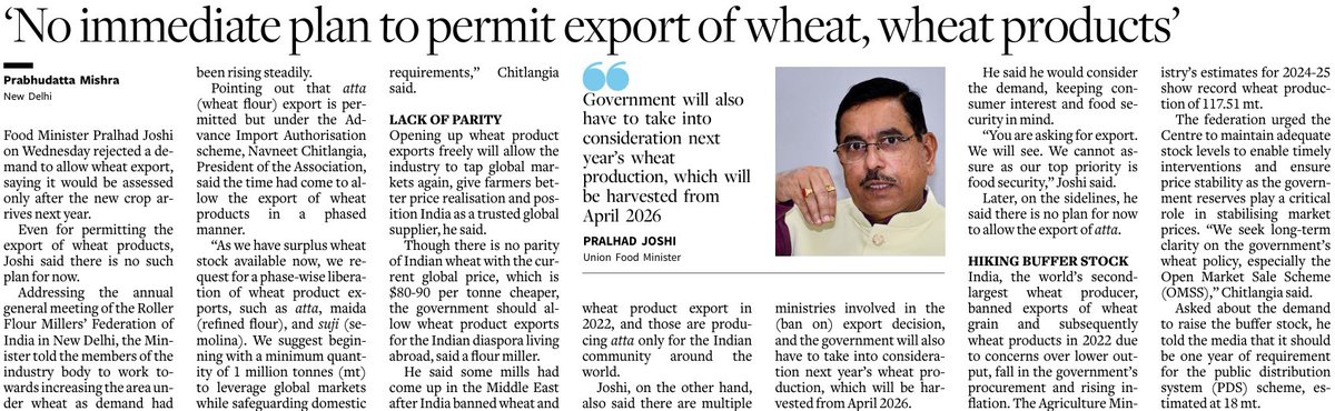 Prabhudatta Mishra (@1prabhudatta) on Twitter photo No to #wheat export by India to continue for now, says food minister <a href="/JoshiPralhad/">Pralhad Joshi</a> , will be reviewed after new harvest
Read <a href="/businessline/">businessline</a> No to #wheat export by India to continue for now, says food minister <a href="/JoshiPralhad/">Pralhad Joshi</a> , will be reviewed after new harvest
Read <a href="/businessline/">businessline</a>
