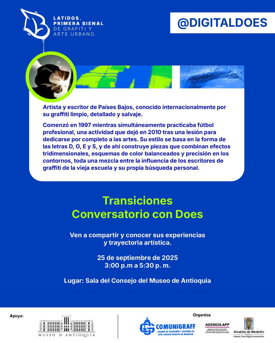 Digitaldoes's tweet image. Tomorrow I’ll be speaking at the Antioquia Museum
I’ll be sharing my journey from professional football player to artist — how I made the transition, what I’ve learned, and the experiences that shaped me along the way.
Bring your questions! I’d love to answer them and have an…