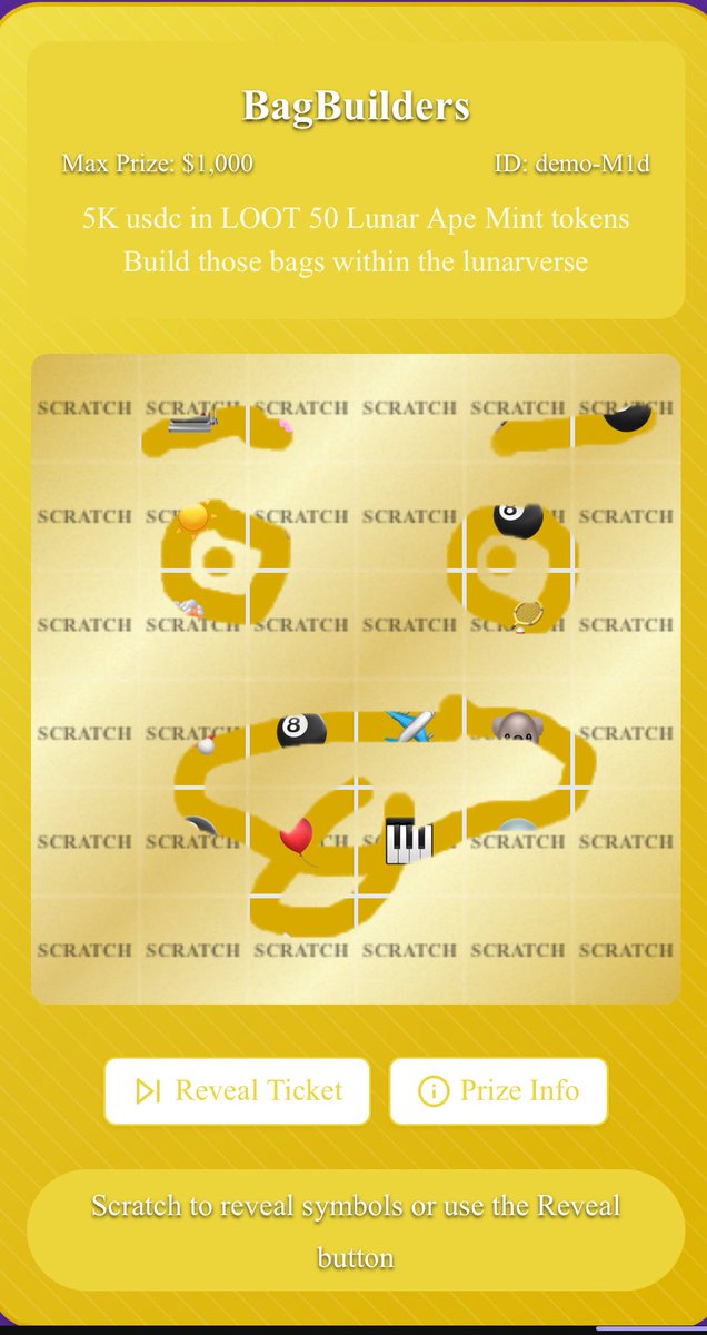 ☄️ New version of BAGBUILDERS scratcher now LIVE 
✅ We have infused 50 lunar ape mint tokens to push into the population to hit our 1K total Lunar ape mint token allocation!
✅ Plus TOP loot available for only $2.75 per ticket (it’s basically free) 
✅ TOP LOOT: KONG TRIBE