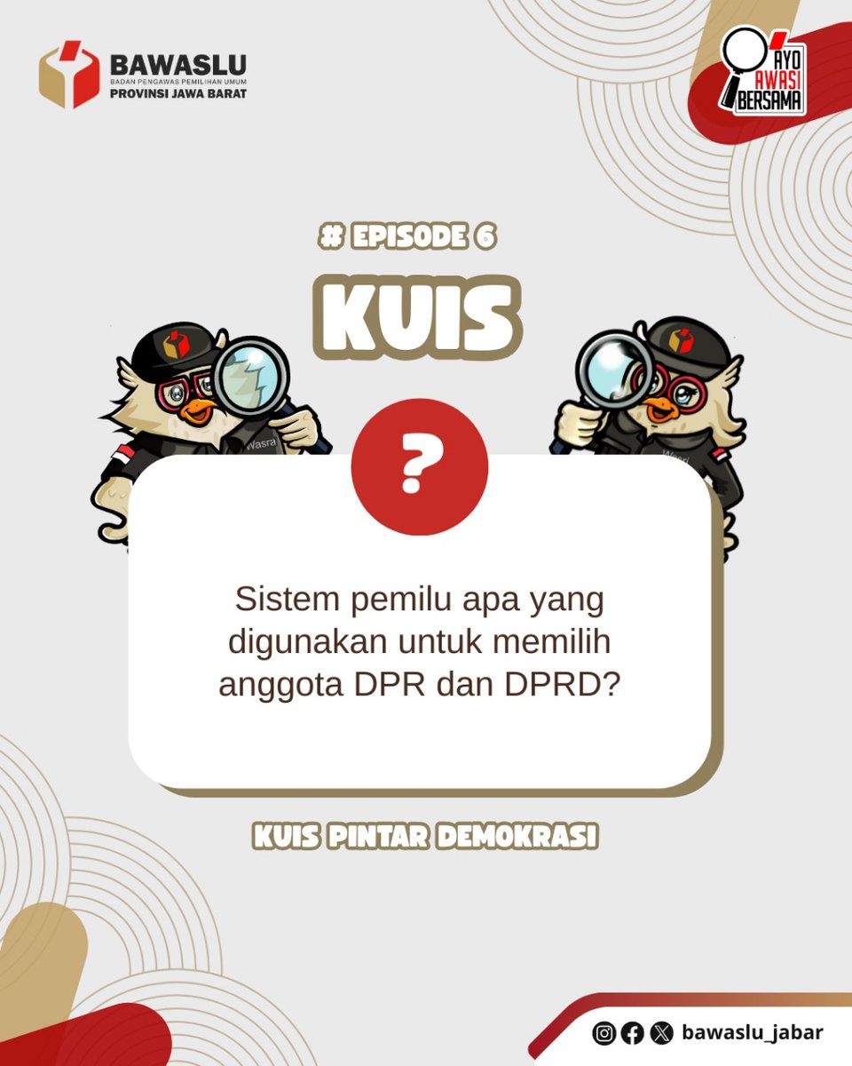 KUIS PINTAR DEMOKRASI – EPISODE VI! 🗳

Masih semangat uji pengetahuan demokrasi kamu? Kali ini kita bahas soal sistem Pemilu yang dipakai di Indonesia.

Tulis jawabanmu di kolom komentar ya ⬇
Jangan lupa ajak temanmu ikutan, biar sama-sama makin paham aturan main Pemilu! 😉