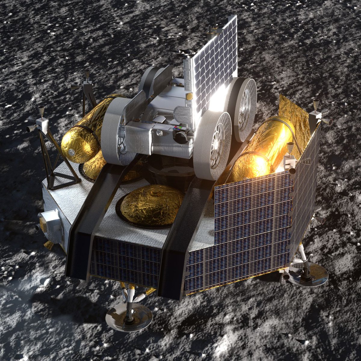 Semaphore's tweet image. Top perspective of Astrobotic&apos;s Griffin lunar lander carrying Astrolab&apos;s FLIP rover.

The #LunarCodex Polaris archives, enclosed in a MoonBox/GLPH canister, will be bolted to the external structure of the lander.

___
Image credit Astrobotic / Astrolab