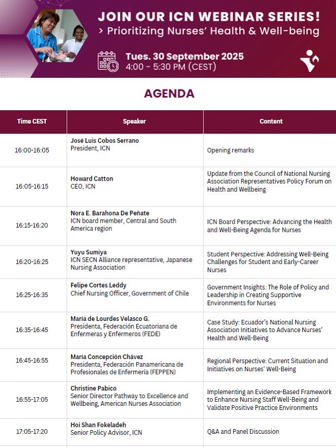 AnaCindee's tweet photo. ICN Webinar: Prioritizing Nurses’ Health and Well-being will highlight strategies, policies, &amp; evidence-based frameworks for improving working conditions, safeguarding wellbeing and sustaining the nursing workforce.

Join us! https://t.co/4nb9ff3gAD https://t.co/1OqSbiJTkB