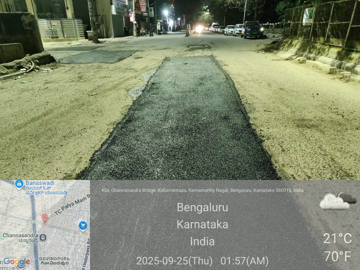 GBA_office's tweet photo. ✅ Potholes have been filled at TC Palya Main Road, Ramamurthynagar, ensuring smoother traffic flow and safer commute for all road users. 🚧🛣️
#BengaluruEastCityCorporation #RoadWork #PotholeFreeRoads
#greaterbengaluruauthority @CMofKarnataka @DKShivakumar https://t.co/tSI69GwglO