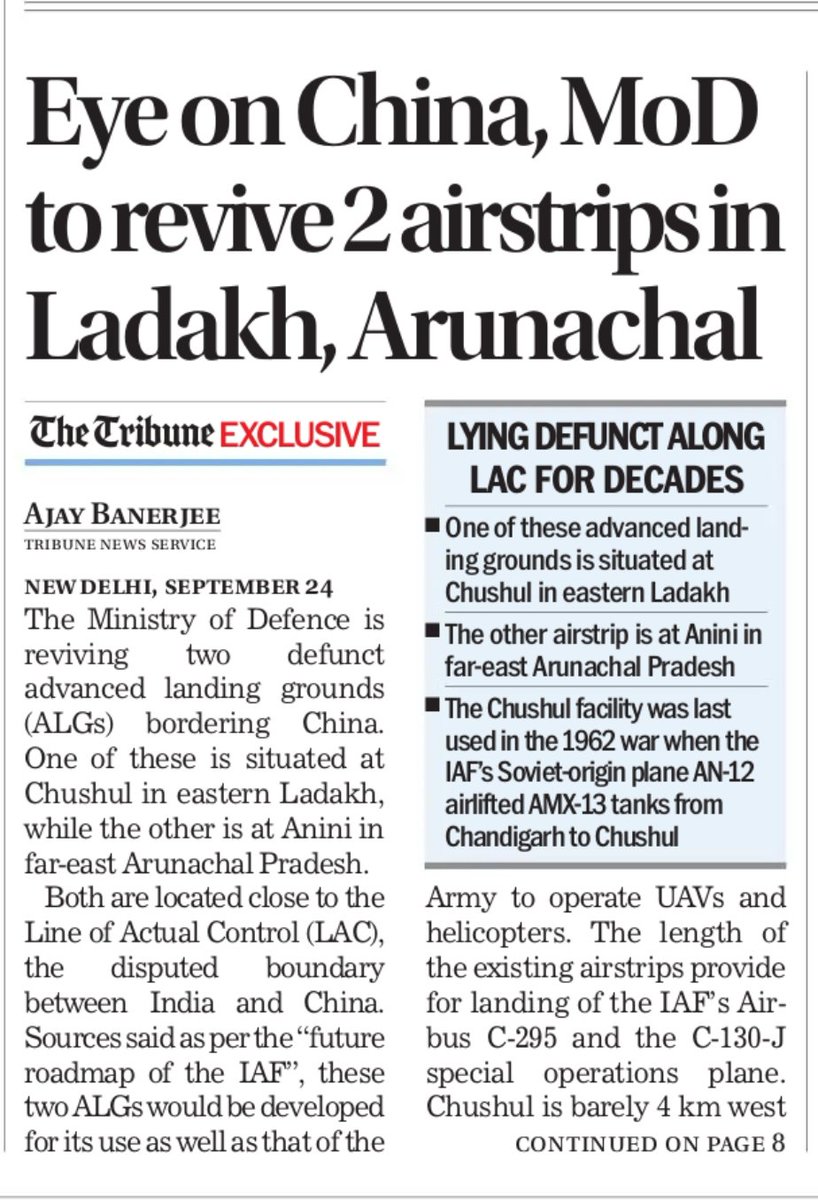 Ajay Banerjee (@ajaynewsman) on Twitter photo India is reviving two defunct advanced landing grounds (ALGs) bordering China. One of these is situated at Chushul in eastern Ladakh, while the other is at Anini in far-east Arunachal Pradesh.
<a href="/thetribunechd/">The Tribune</a> <a href="/IAF_MCC/">Indian Air Force</a>
<a href="/MEAIndia/">Randhir Jaiswal</a>
Link to full text👇
tribuneindia.com/news/j-k/eye-o… India is reviving two defunct advanced landing grounds (ALGs) bordering China. One of these is situated at Chushul in eastern Ladakh, while the other is at Anini in far-east Arunachal Pradesh.
<a href="/thetribunechd/">The Tribune</a> <a href="/IAF_MCC/">Indian Air Force</a>
<a href="/MEAIndia/">Randhir Jaiswal</a>
Link to full text👇
tribuneindia.com/news/j-k/eye-o…