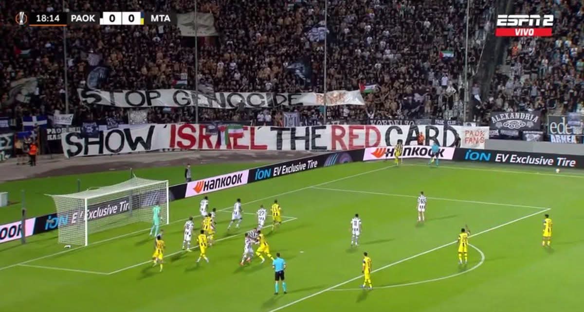 This sign was displayed today at the game between PAOK Thessaloniki and Maccabi Tel Aviv.
 Europe is cooked.