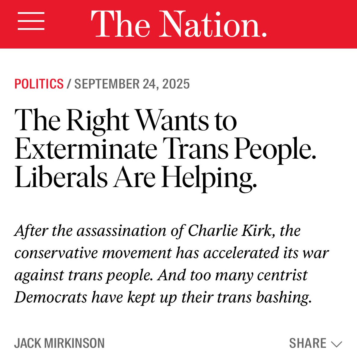 benryanwriter's tweet image. After critics fault Democrats for taking maximalist positions on trans issues that have alienated the center, @TheNation takes maximalist positions on trans issues in a screed at least partially blames liberals for what it characterizes as a genocidal right-wing campaign to…