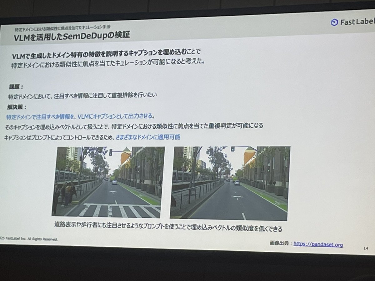 beginner_ai's tweet image. VLMを用いて、重複画像の排除を検証しています
画像処理では似ていますが、自動運転のユースケースにおいては横断歩道もあり、排除したく無いため、VLMでキャプションを作り、類似ベクトルの算出に活用しています

#AI #NVIDIAAIDAY #FastLabel