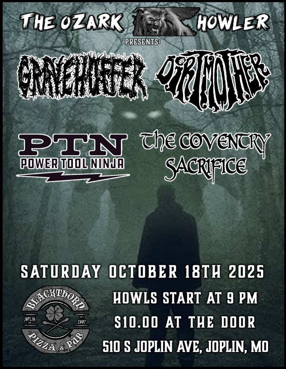 Our next show is this stacked bad boy 🤘🤘come hang out with us at Blackthorn Pizza &amp; Pub on Saturday October 18th with PTN, The Coventry Sacrifice, &amp; Dirtmother! $10. 9 PM.