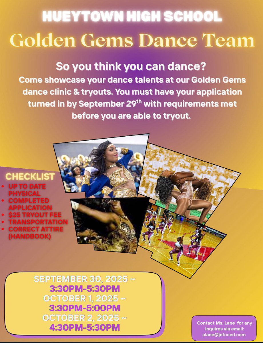 Please mark your calendars for Golden Gem tryouts! Remember in order to try out a parent/guardian must have been present along with the student at the interest meeting on September 18th where all applications and information was given out. Remember ALL 3 days are MANDATORY.