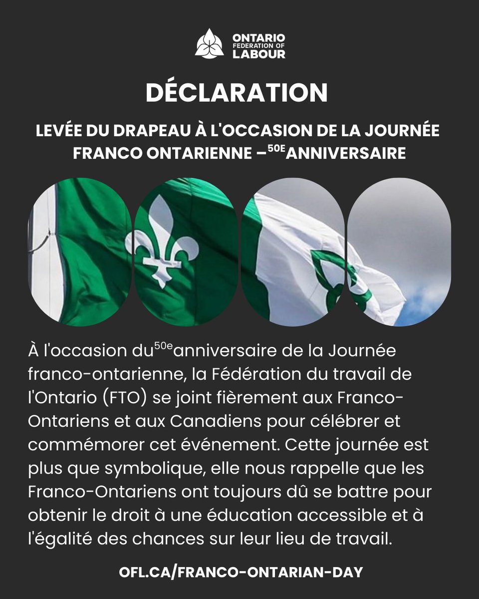 À l’occasion du50eanniversaire de la Journée franco-ontarienne, la Fédération du travail de l’Ontario (FTO) se joint fièrement aux Franco-Ontariens et aux Canadiens pour célébrer et commémorer cet événement.

ofl.ca/franco-ontaria… 
#FrancoOntarianDay