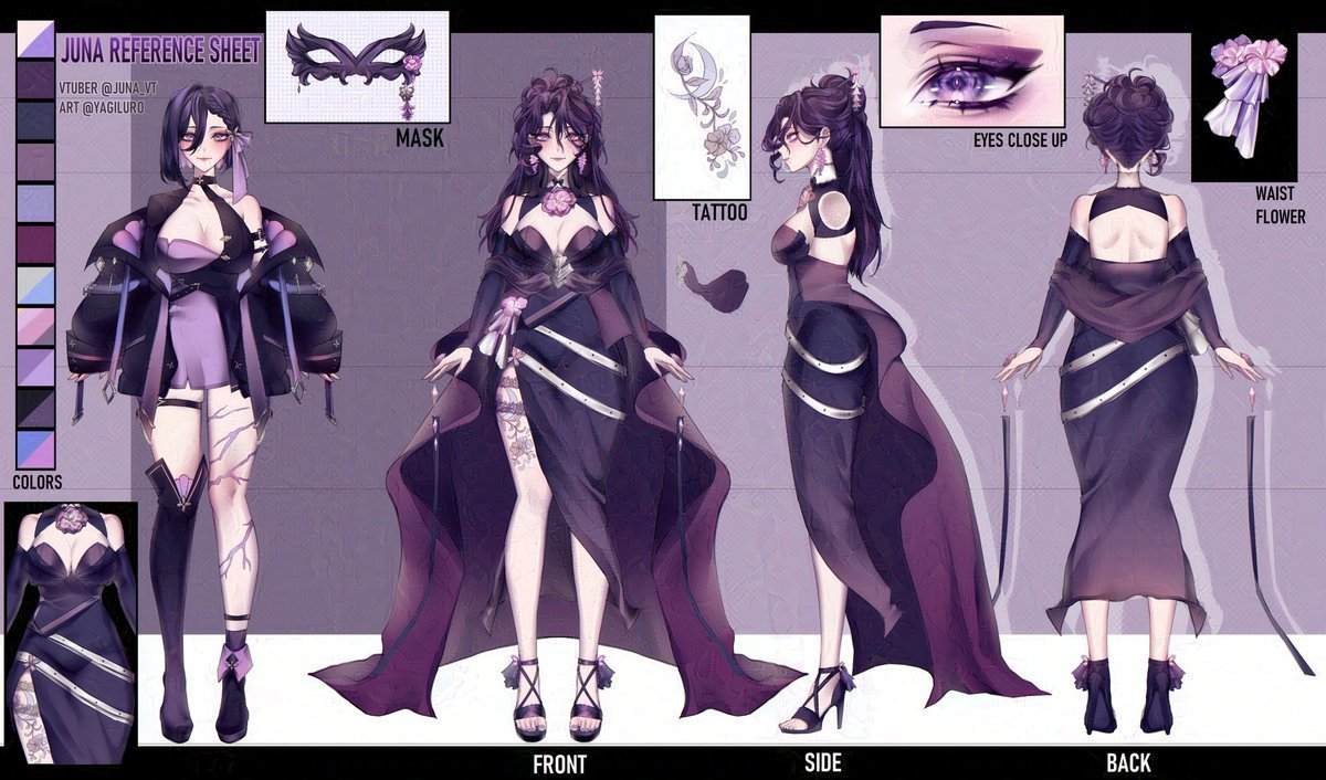 Finally posting my vtuber reference sheet!
1.0 and new 2.0 design, with a booty view of 1.0

🎨 yagiluro 
design imamarisss (2.0) / allenerie (1.0)

#drawjuna