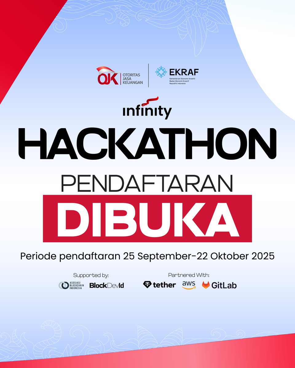 BlockDevId (@blockdev_id) on Twitter photo Pendaftaran Infinity Hackathon oleh <a href="/ojkindonesia/">OJK Indonesia</a> & <a href="/ekraf_ri/">Kementerian Ekonomi Kreatif RI</a> sudah dibuka!
Total hadiah Rp50.000.000 + sertifikat + peluang kolaborasi.
Diselenggarakan oleh <a href="/ojkindonesia/">OJK Indonesia</a>, <a href="/ekraf_ri/">Kementerian Ekonomi Kreatif RI</a>, @blockchainindo & <a href="/blockdev_id/">BlockDevId</a>
Didukung oleh <a href="/Tether_to/">Tether</a> <a href="/awscloud/">Amazon Web Services</a> <a href="/gitlab/">🦊 GitLab</a> Pendaftaran Infinity Hackathon oleh <a href="/ojkindonesia/">OJK Indonesia</a> & <a href="/ekraf_ri/">Kementerian Ekonomi Kreatif RI</a> sudah dibuka!
Total hadiah Rp50.000.000 + sertifikat + peluang kolaborasi.
Diselenggarakan oleh <a href="/ojkindonesia/">OJK Indonesia</a>, <a href="/ekraf_ri/">Kementerian Ekonomi Kreatif RI</a>, @blockchainindo & <a href="/blockdev_id/">BlockDevId</a>
Didukung oleh <a href="/Tether_to/">Tether</a> <a href="/awscloud/">Amazon Web Services</a> <a href="/gitlab/">🦊 GitLab</a>