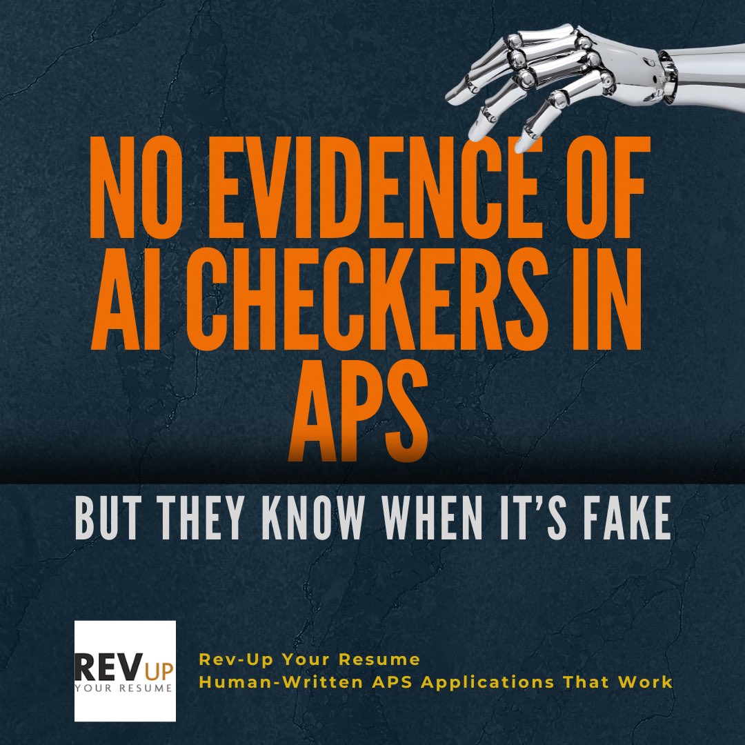 RevUpResume's tweet photo. A client used AI to write their APS application. It looked polished but panels said it felt flat and fake.

We rewrote it with their real stories. The difference? Authentic, credible, human.

APS doesn’t use AI checkers but they know when it’s not you. #APSJobs #SelectionCriteria https://t.co/zs9y31lZ49